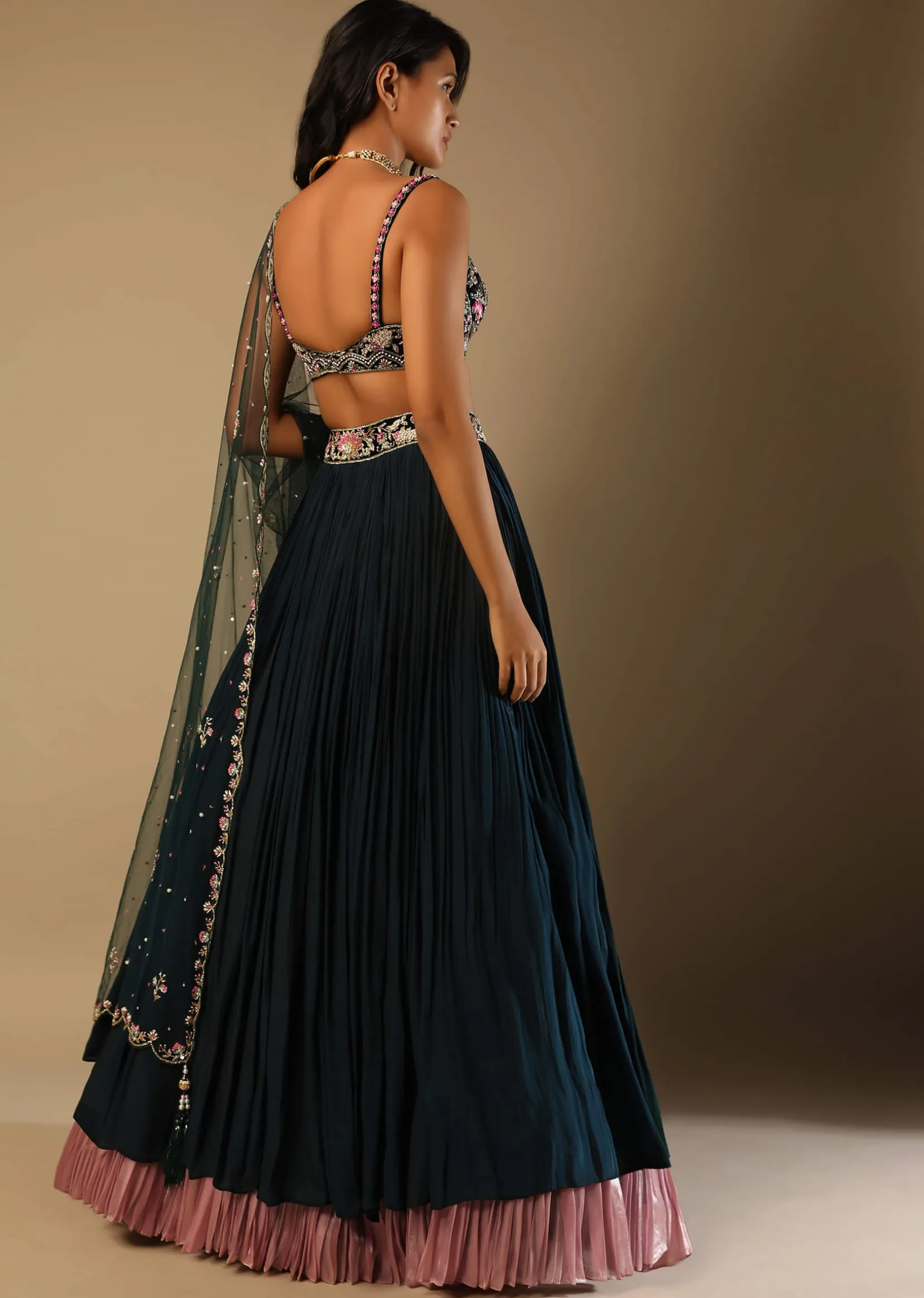 Emerald Green Lehenga With Hand Embroidered Choli Using Multi Colored Floral Motifs