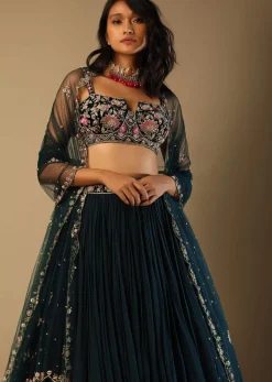 Emerald Green Lehenga With Hand Embroidered Choli Using Multi Colored Floral Motifs