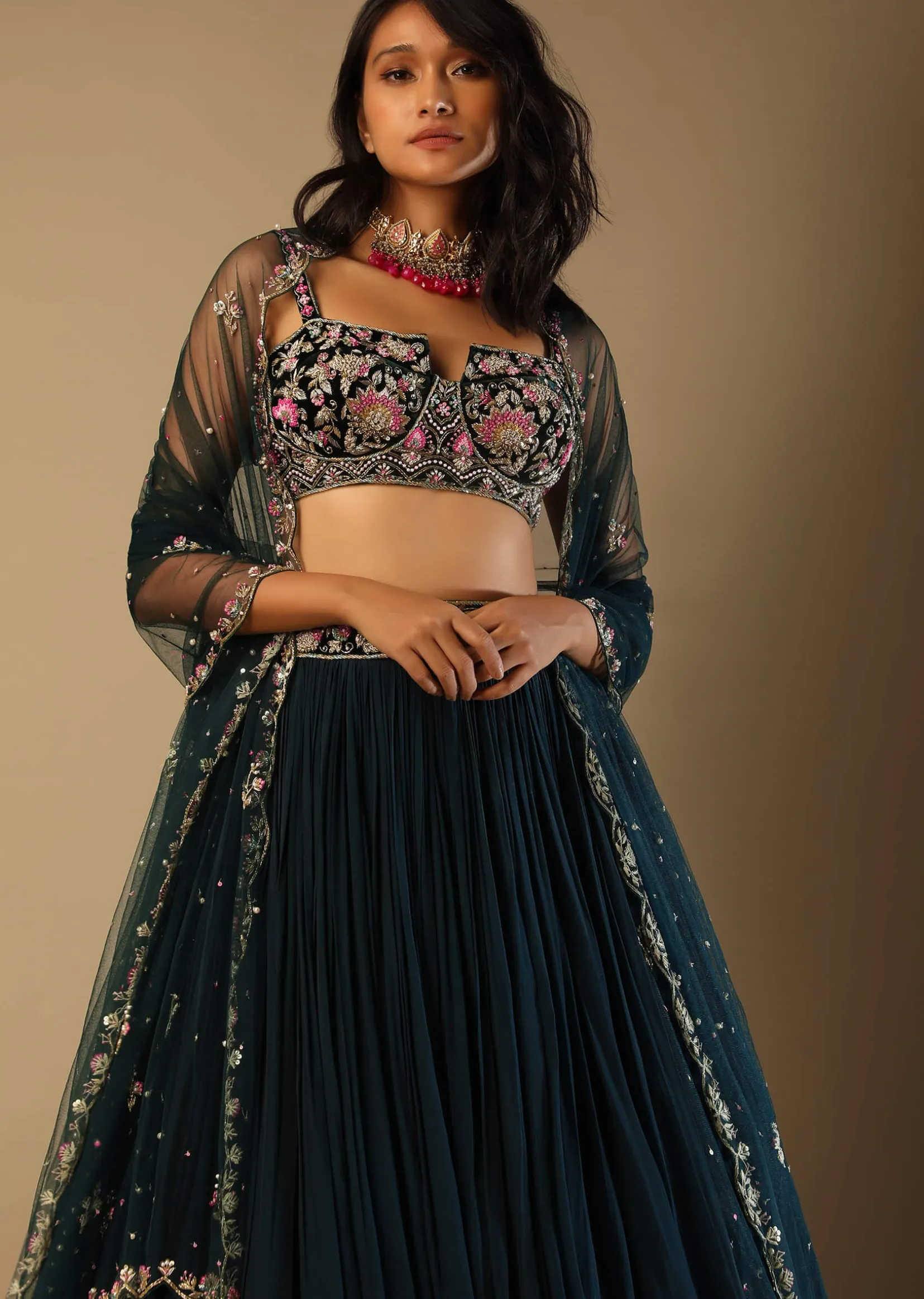 Emerald Green Lehenga With Hand Embroidered Choli Using Multi Colored Floral Motifs