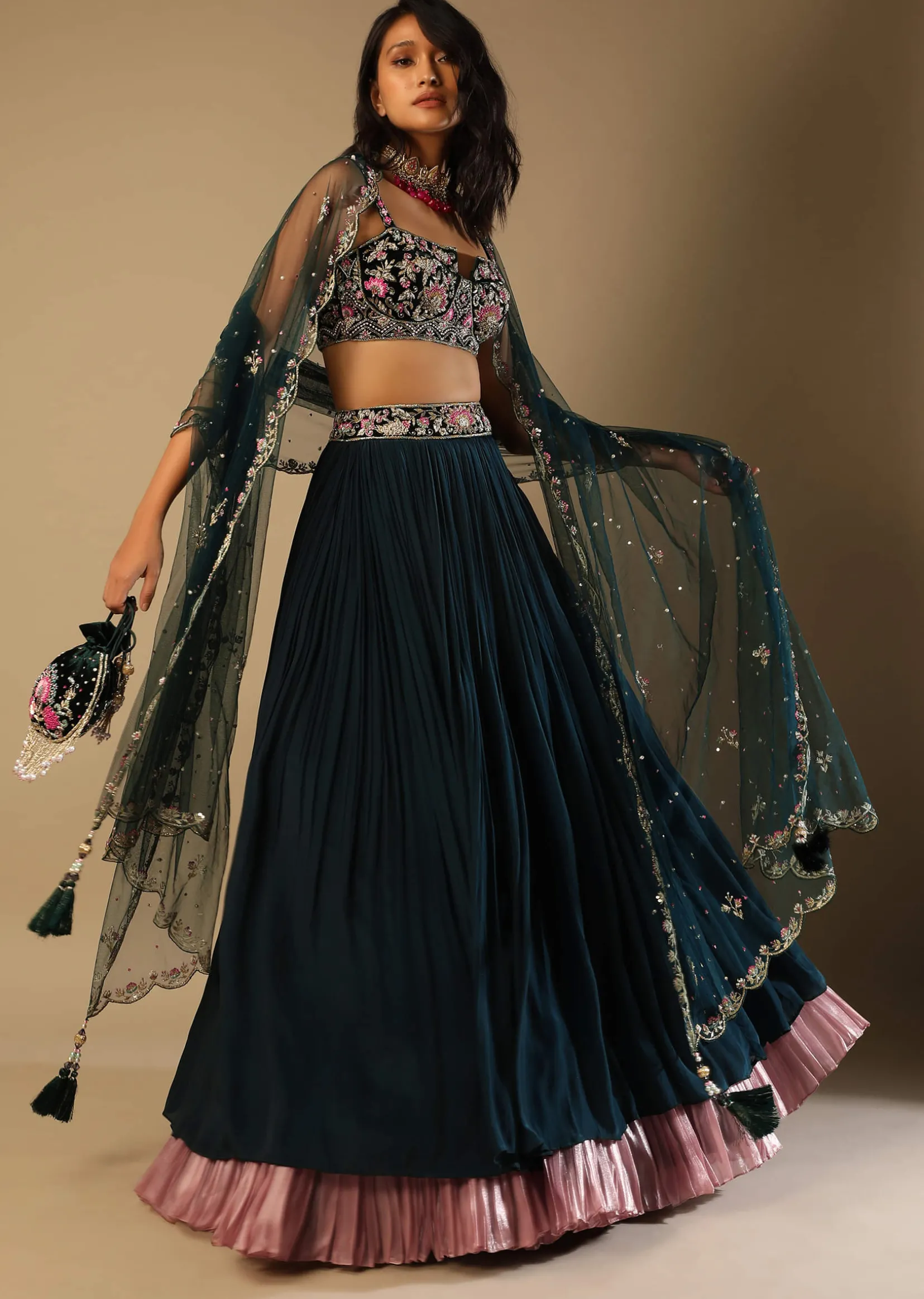 Emerald Green Lehenga With Hand Embroidered Choli Using Multi Colored Floral Motifs