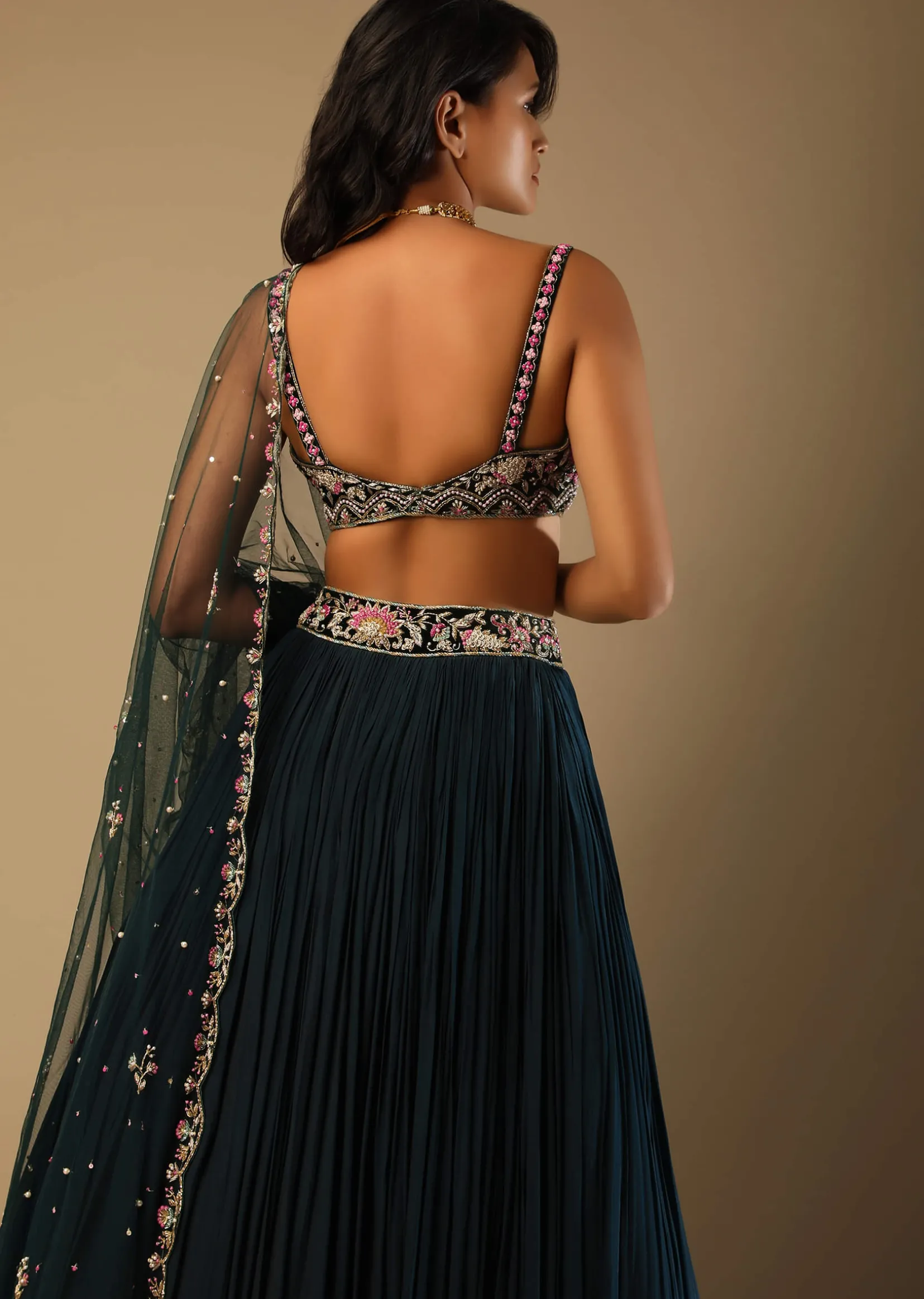 Emerald Green Lehenga With Hand Embroidered Choli Using Multi Colored Floral Motifs