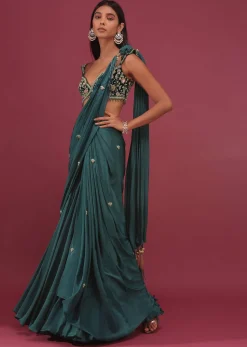Emerald Green Pre Drape Saree With Floral Buttis And Embroidered Blouse - NOOR 2022