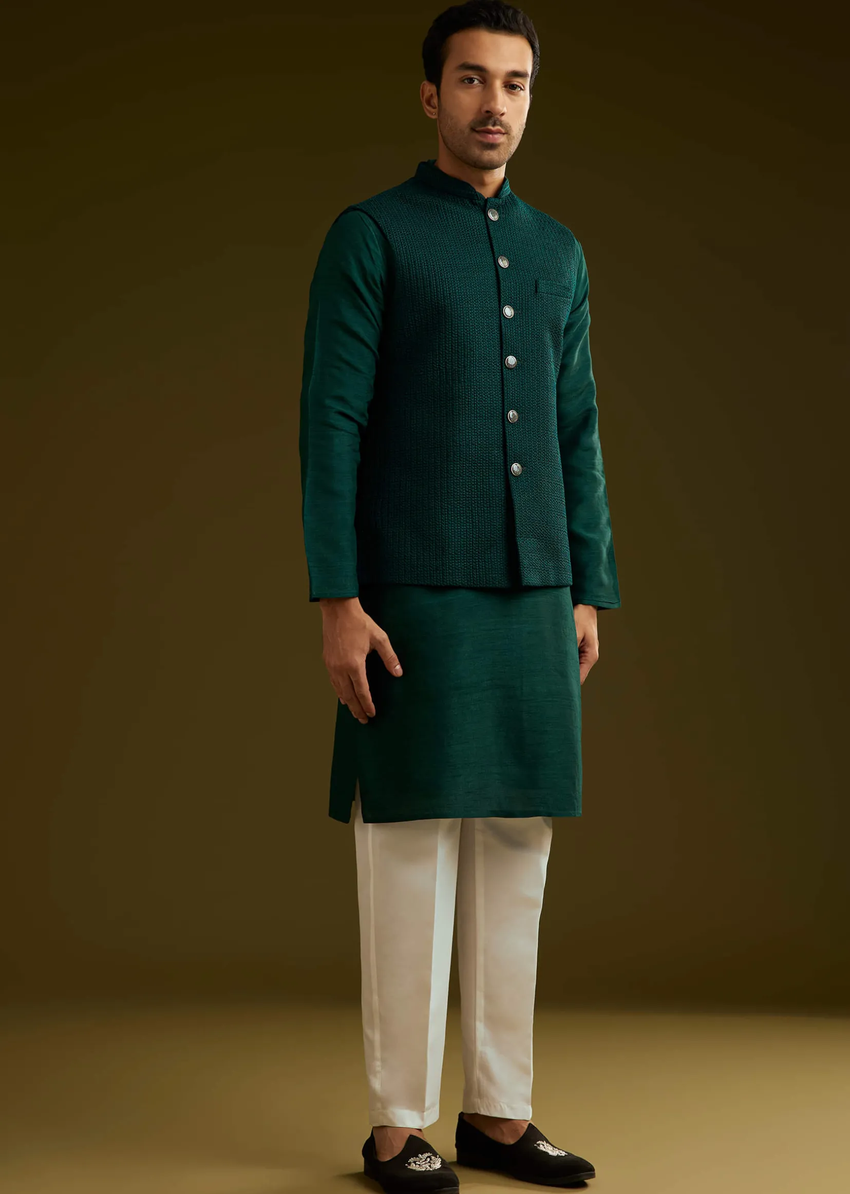 Emerald Green Rayon Kurta Jacket Set