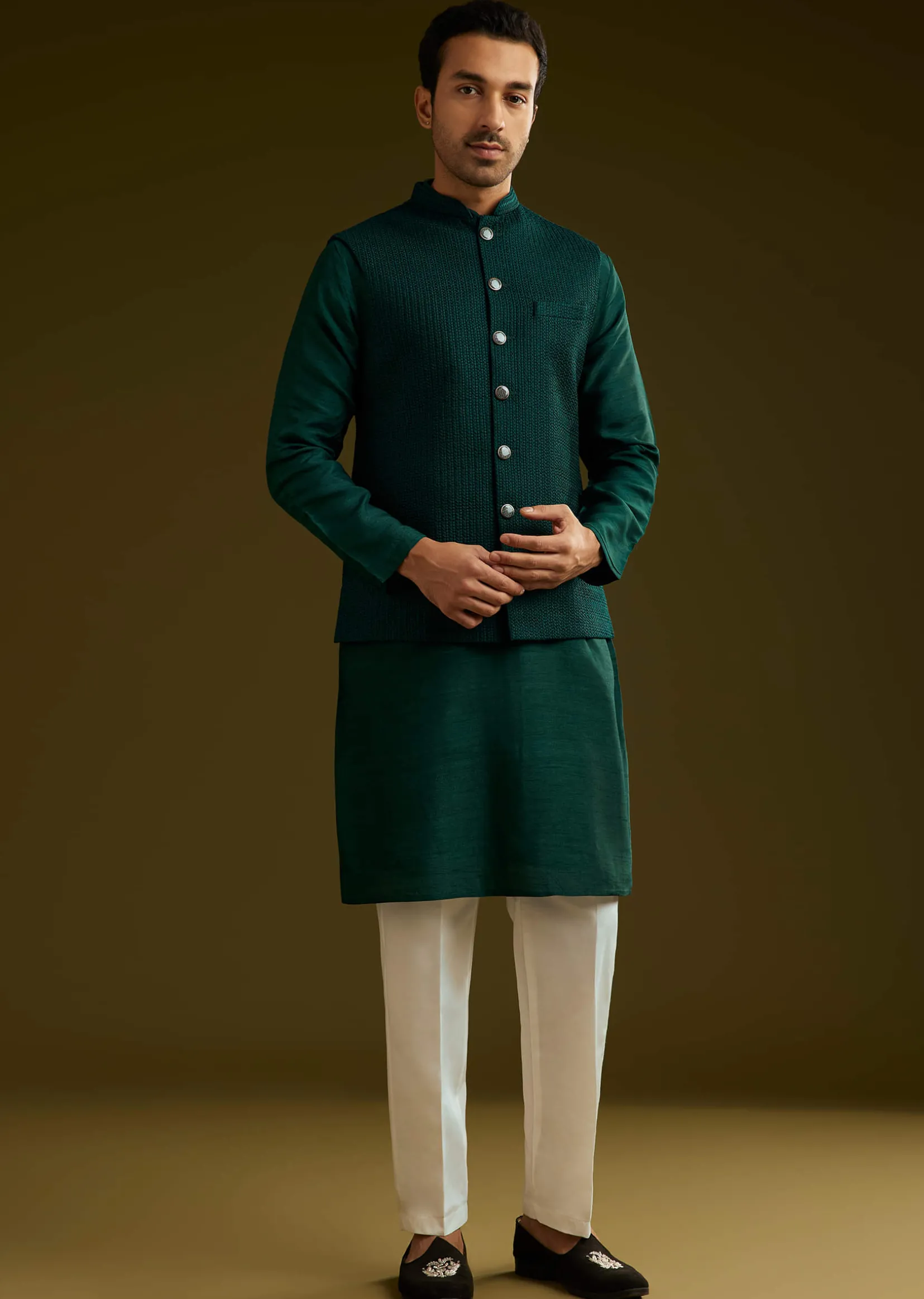 Emerald Green Rayon Kurta Jacket Set