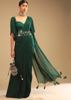 Emerald Green Ready To Wear Saree In Georgette With Bell Sleeves Crop Top And Chunky Embroidered Belt