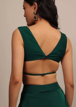 Emerald Green Sleeveless Blouse In Raw Silk With Strappy Back Hook