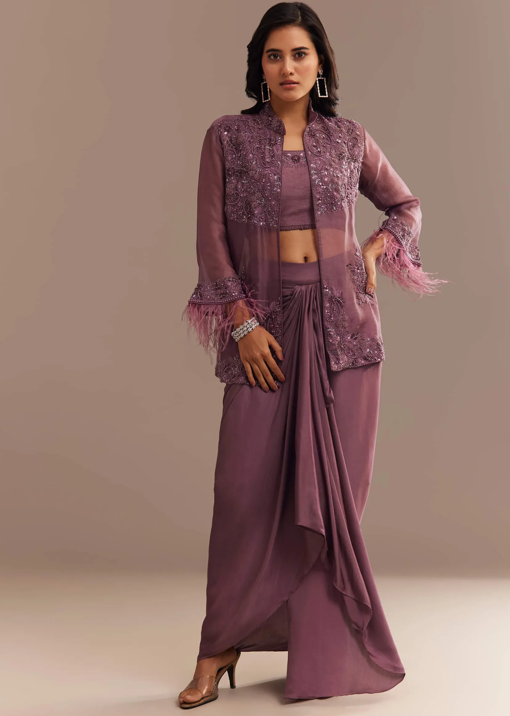 Faded Wine Sequined Jacket Draped Skirt Set