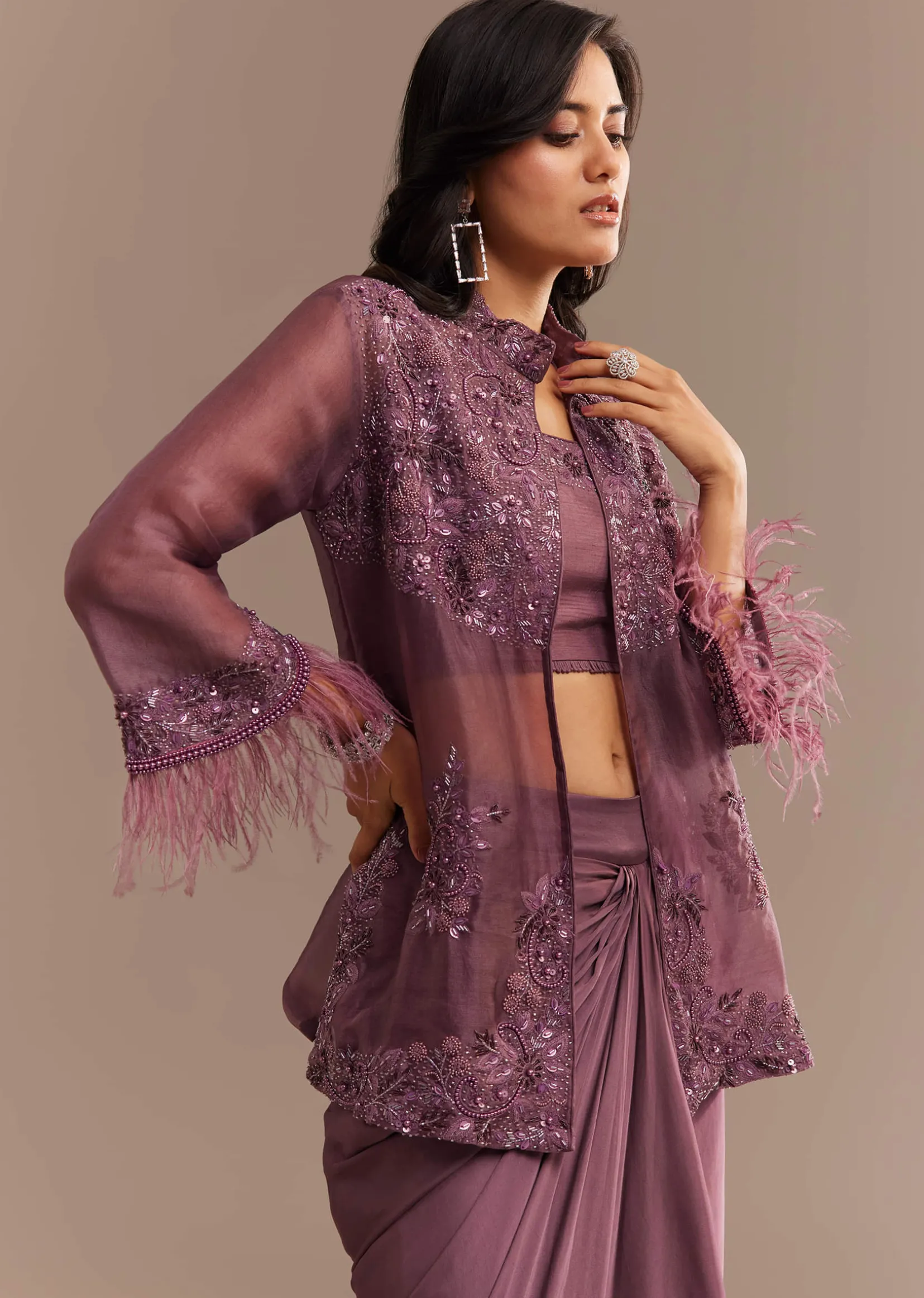 Faded Wine Sequined Jacket Draped Skirt Set