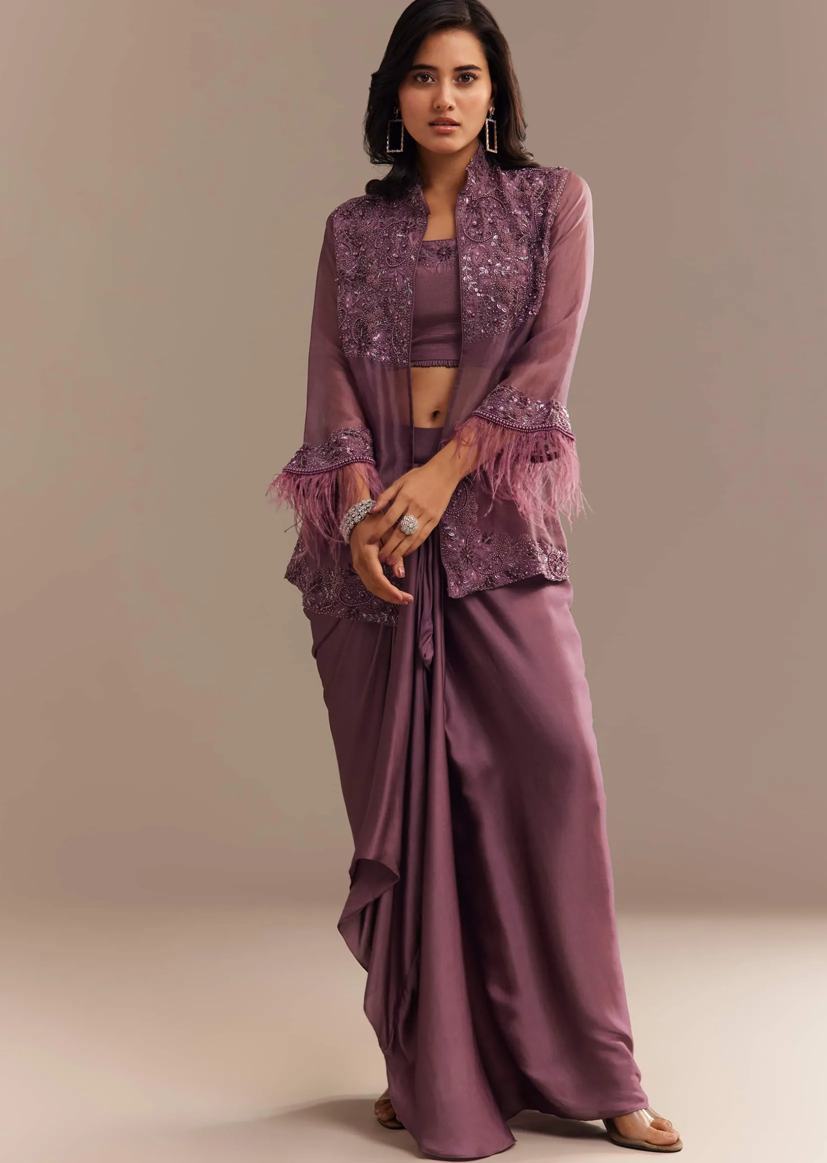 Faded Wine Sequined Jacket Draped Skirt Set