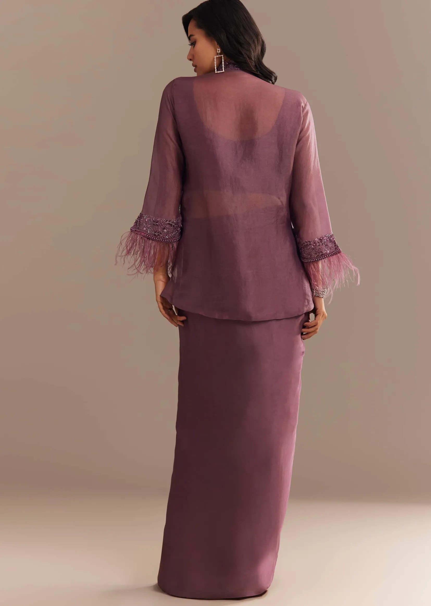 Faded Wine Sequined Jacket Draped Skirt Set