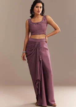 Faded Wine Sequined Jacket Draped Skirt Set