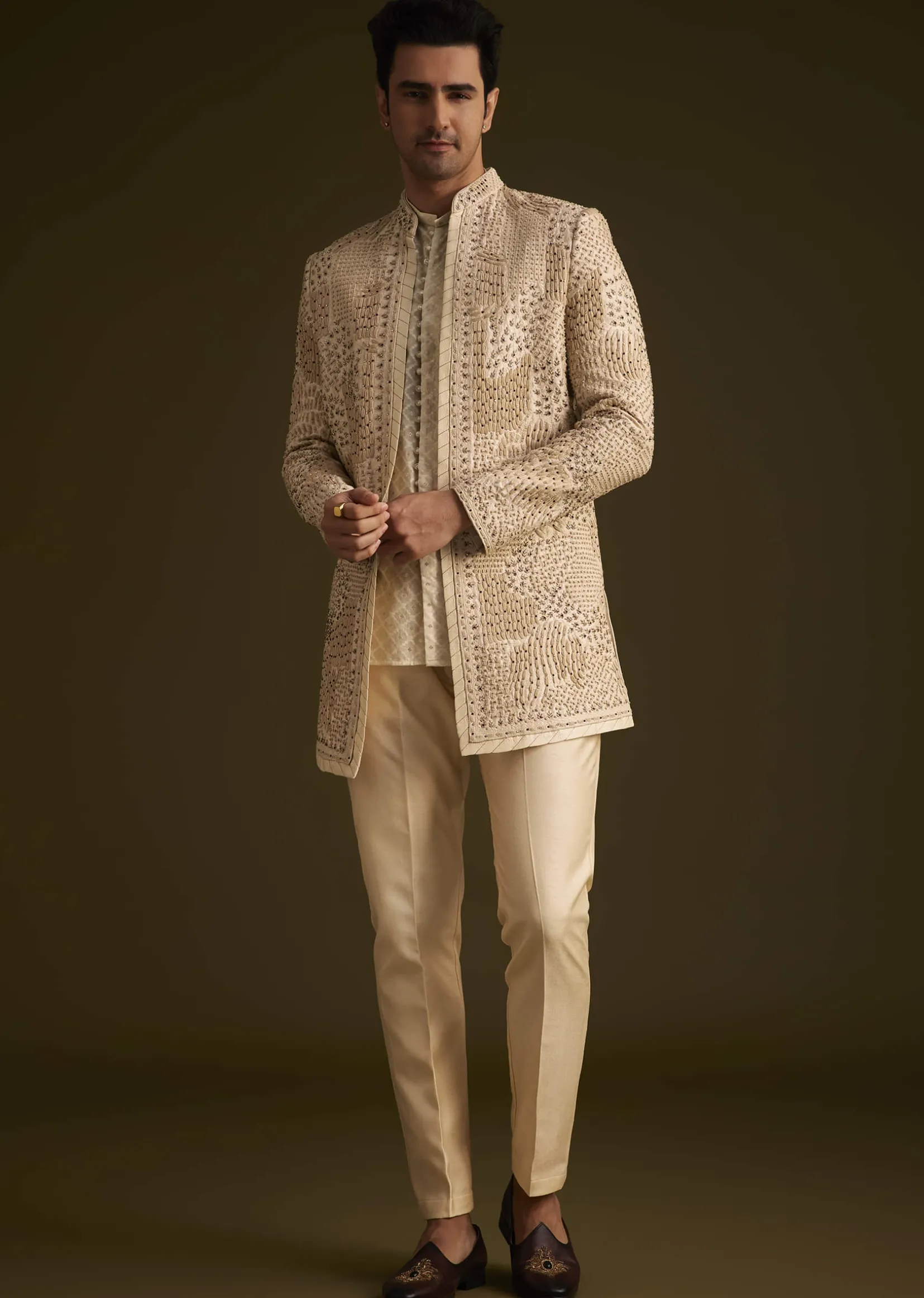 Faun Hand Embroidered Sherwani With Tonal Mirror and Sequin Detailing