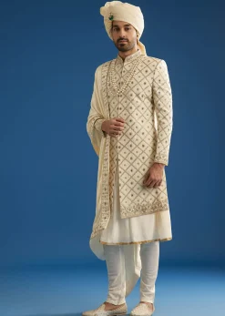 Faun Silk Groom Sherwani Set With Gota And Zardosi Work