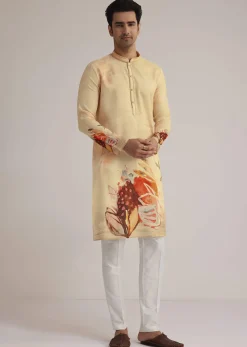 Fawn Linen Kurta Set With Butterfly Inspired Abstract Print