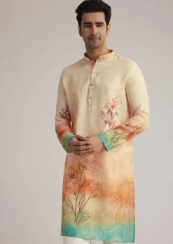 Fawn Linen Ombre Kurta Set With Floral Print