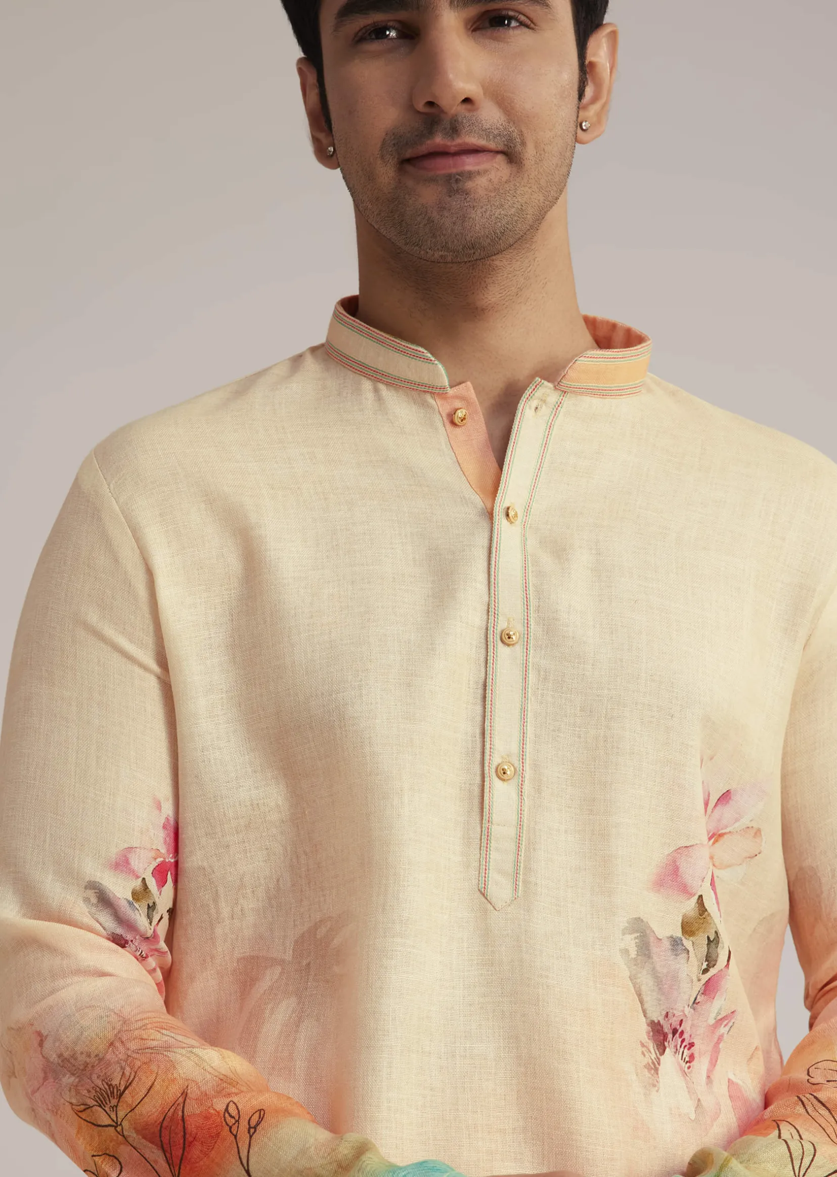 Fawn Linen Ombre Kurta Set With Floral Print