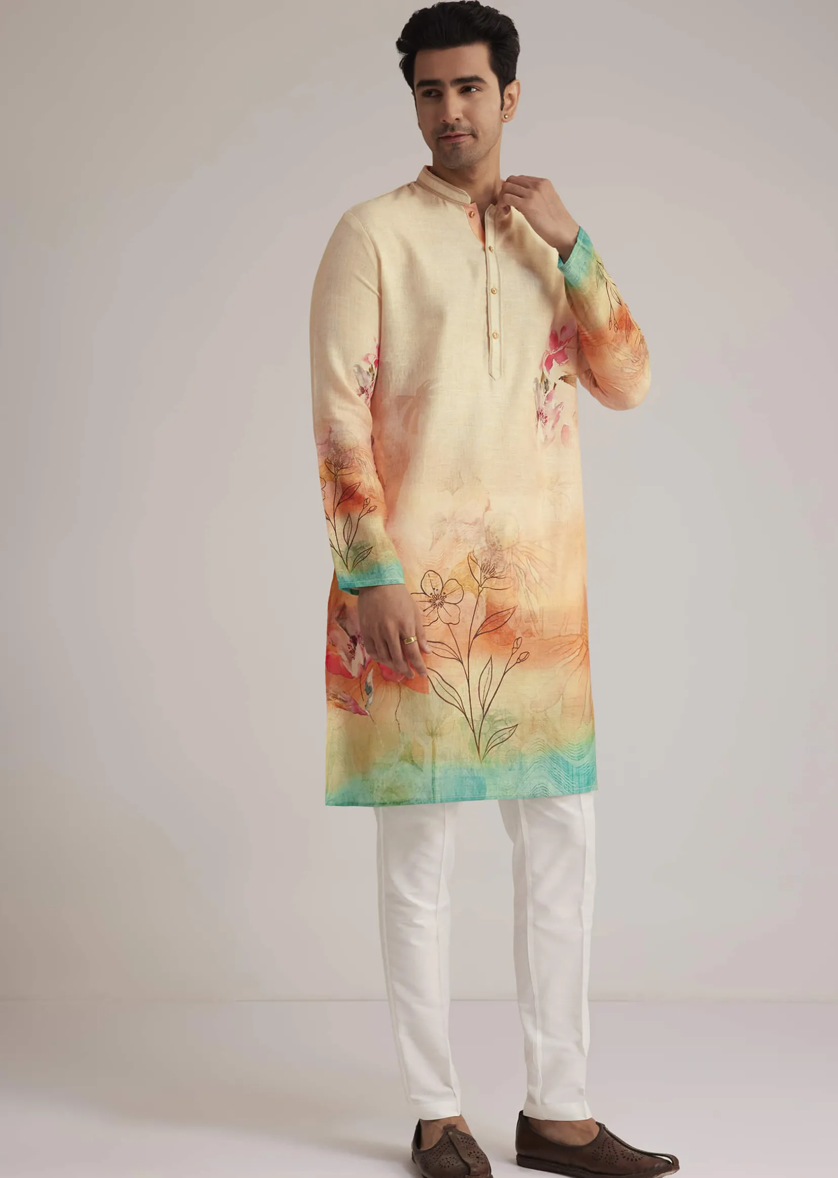 Fawn Linen Ombre Kurta Set With Floral Print