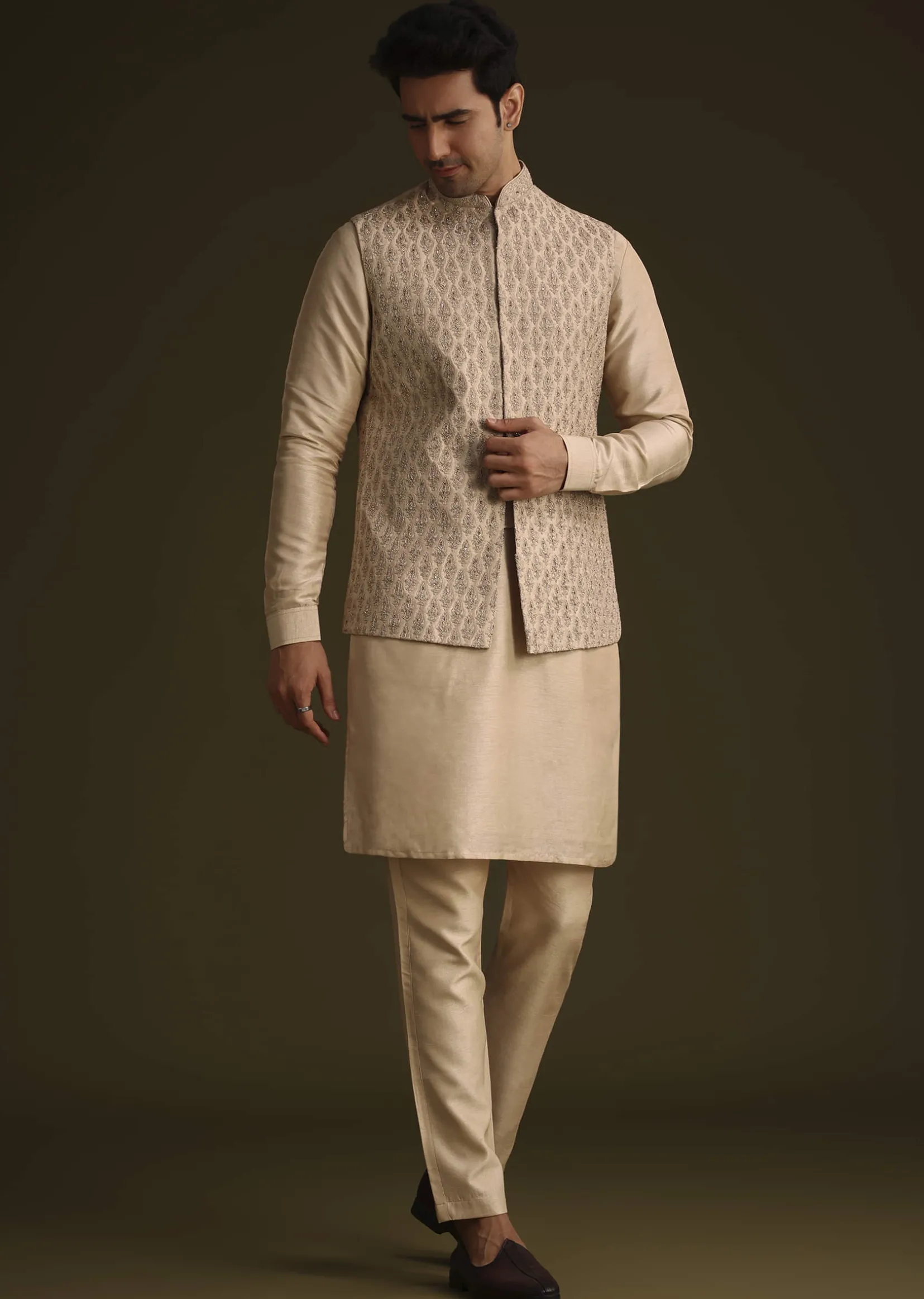 Fawn Silk Jacket Set With Dori Work