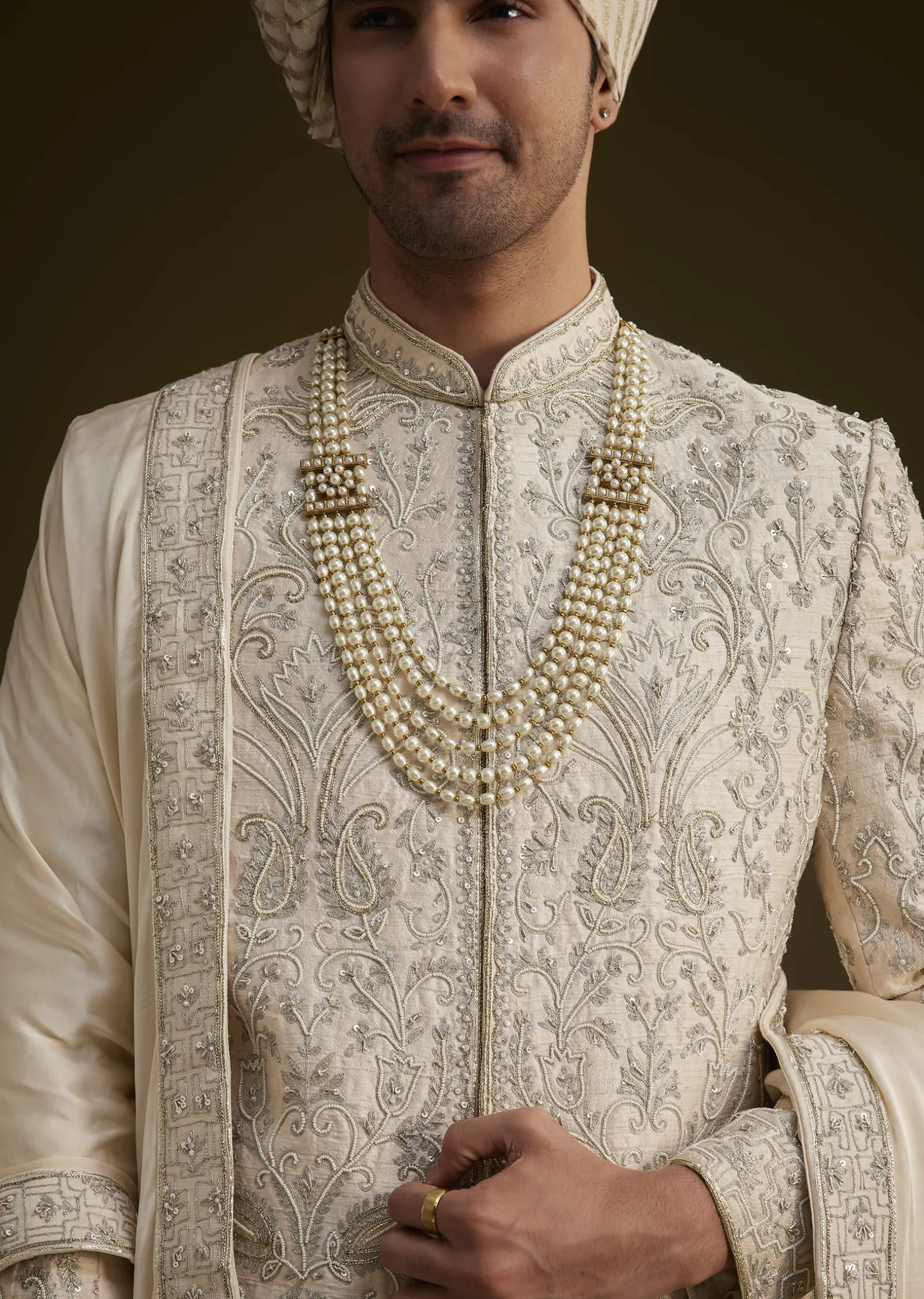 Fawn Silk Sherwani Set With Zardosi Detailing