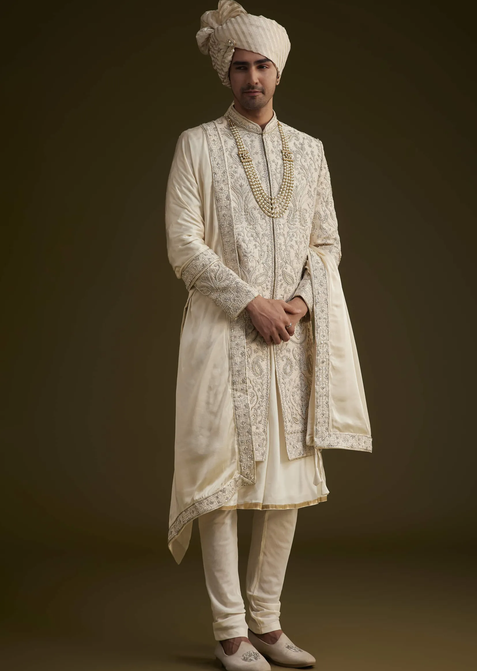 Fawn Silk Sherwani Set With Zardosi Detailing