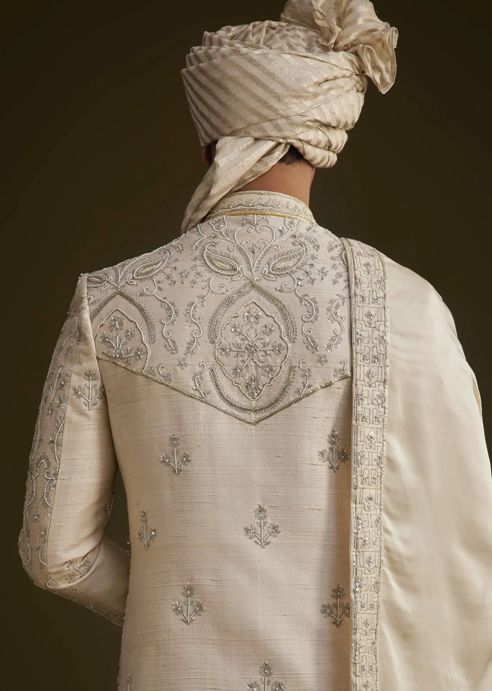 Fawn Silk Sherwani Set With Zardosi Detailing