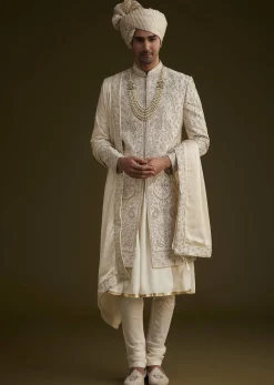 Fawn Silk Sherwani Set With Zardosi Detailing