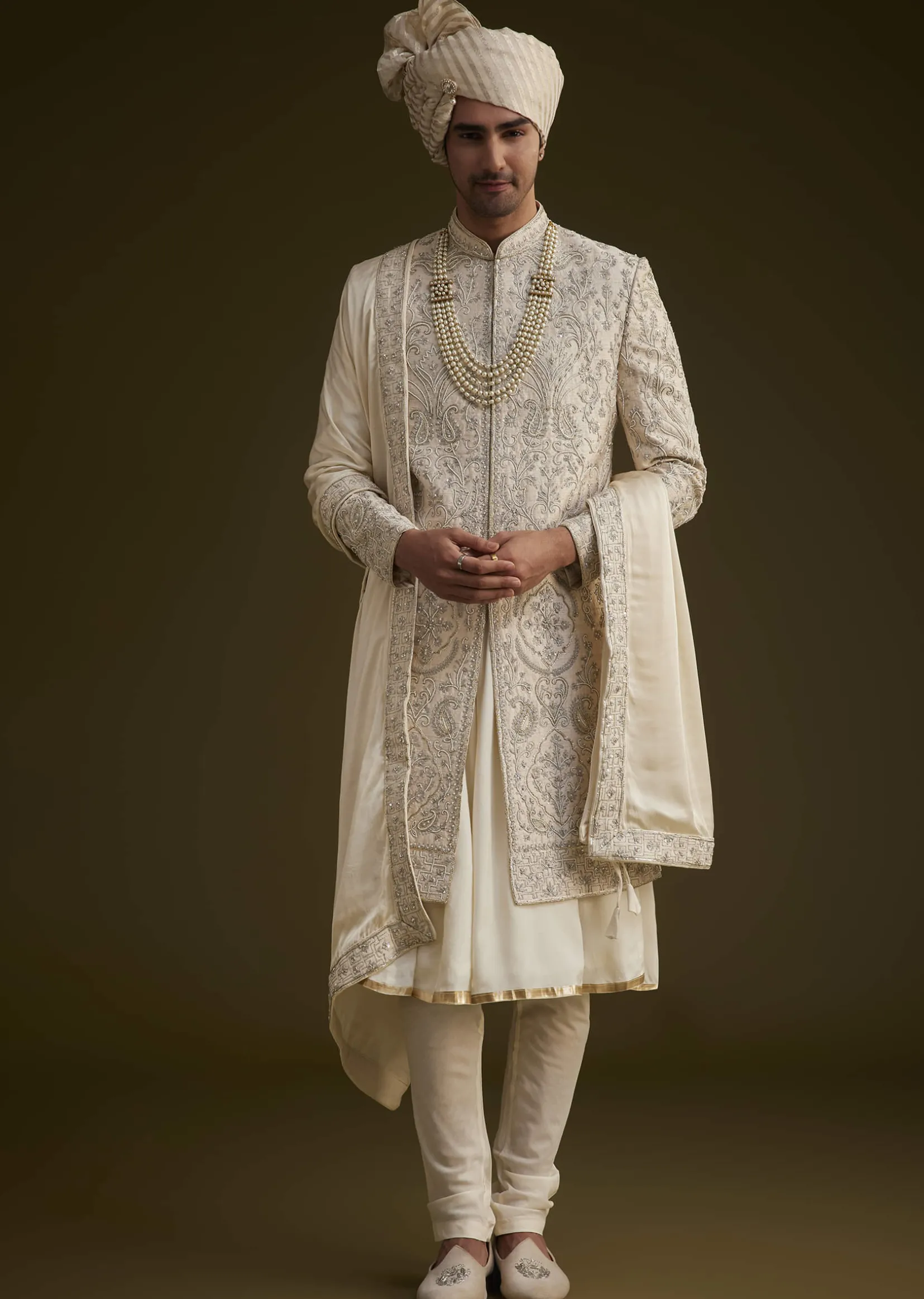 Fawn Silk Sherwani Set With Zardosi Detailing