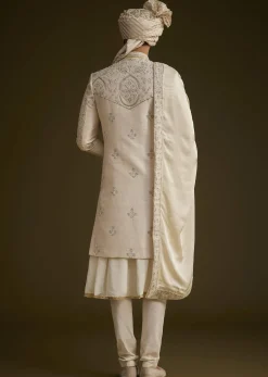 Fawn Silk Sherwani Set With Zardosi Detailing