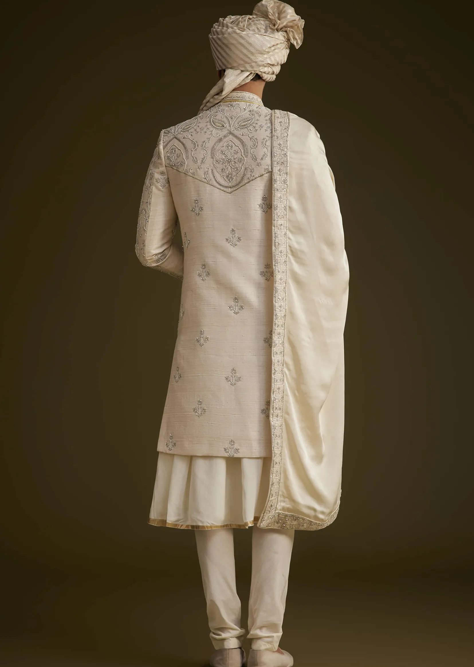 Fawn Silk Sherwani Set With Zardosi Detailing