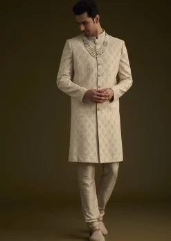 Fawn Silk Sherwani Set With Zardosi Embroidery