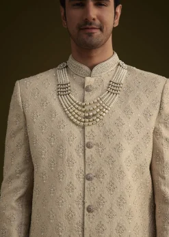 Fawn Silk Sherwani Set With Zardosi Embroidery