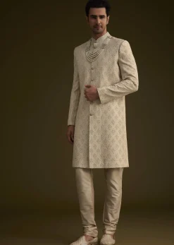 Fawn Silk Sherwani Set With Zardosi Embroidery