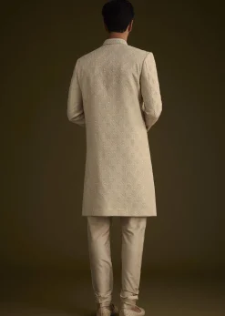 Fawn Silk Sherwani Set With Zardosi Embroidery