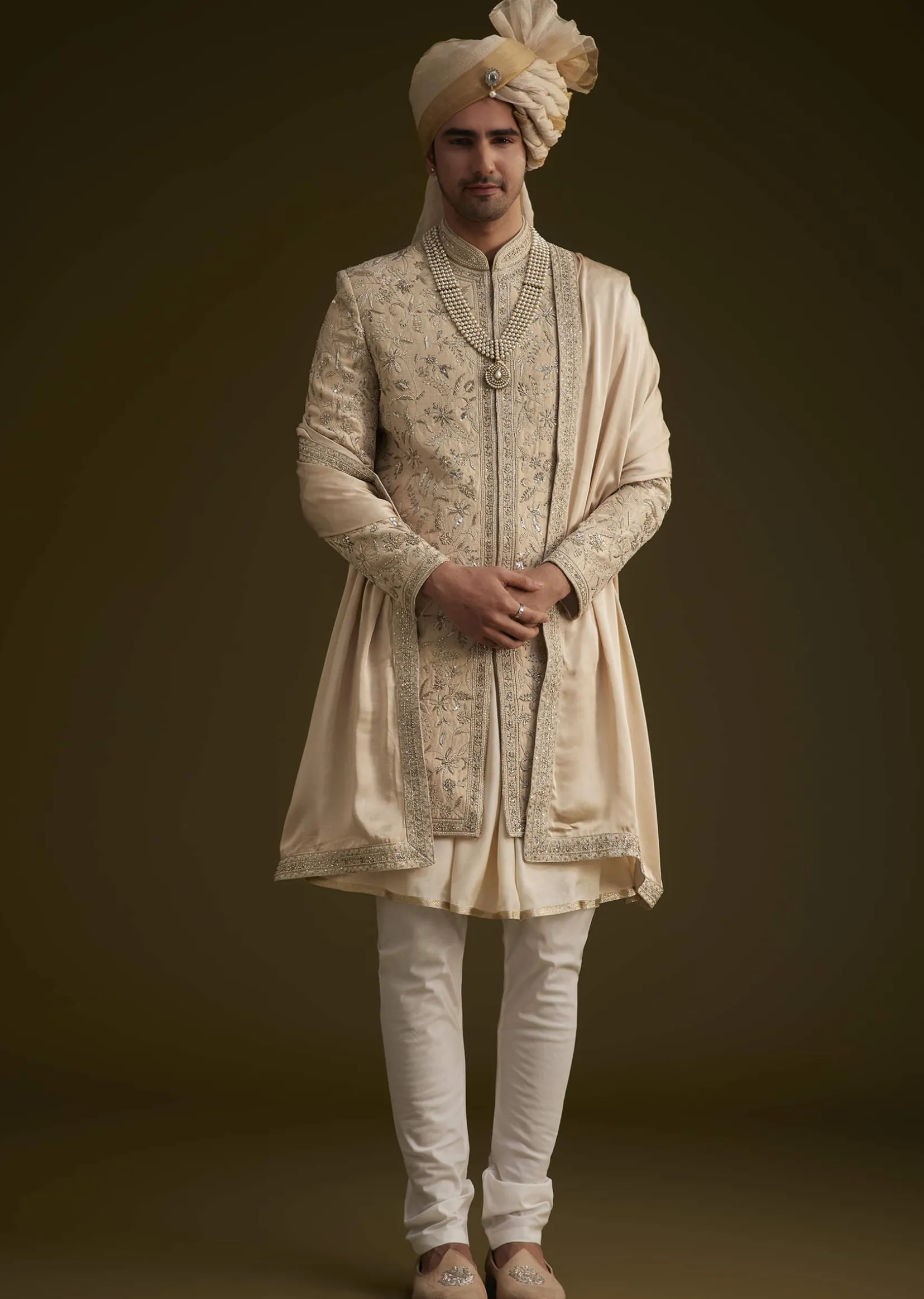 Fawn Silk Sherwani With Zardosi Embroidery