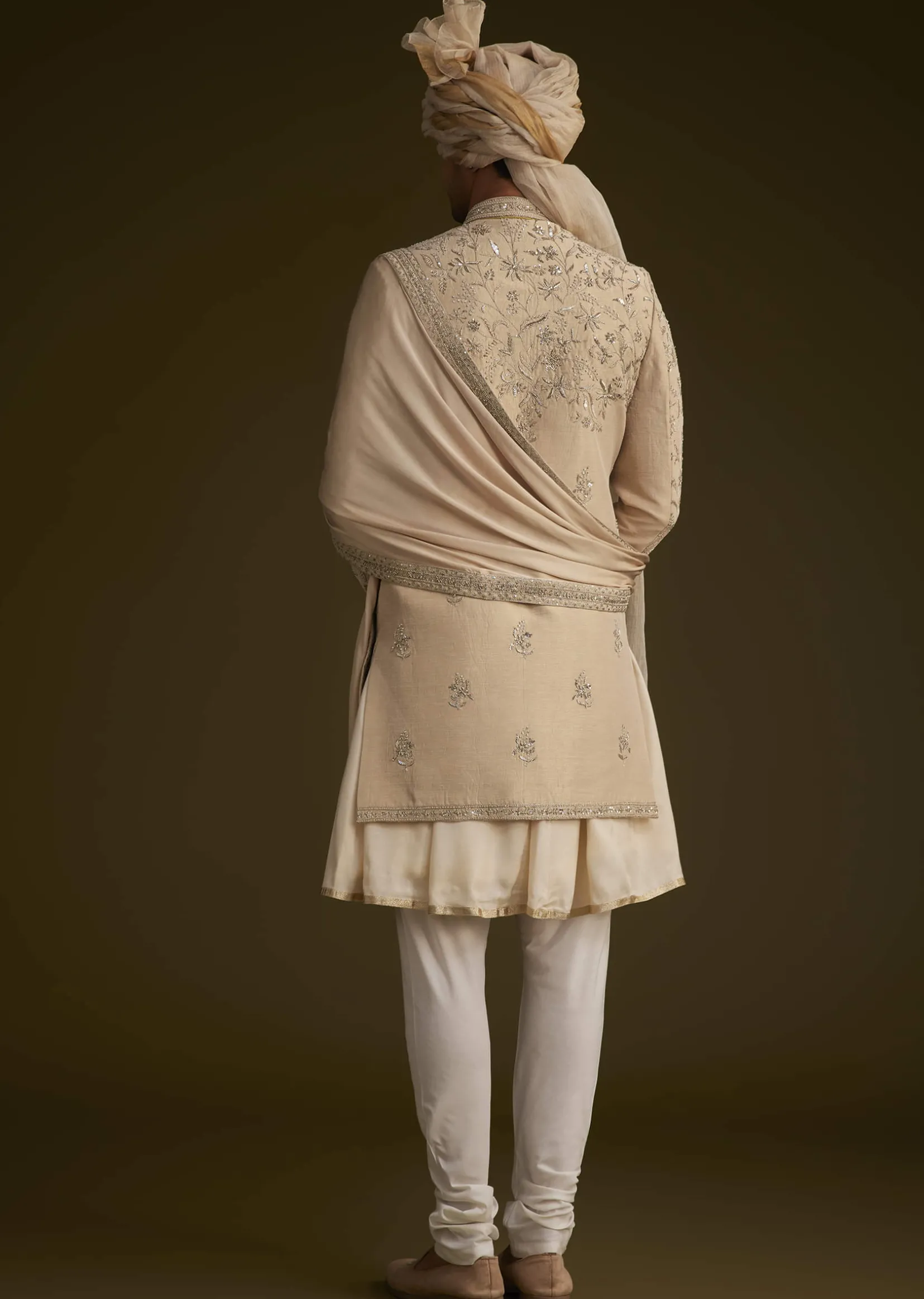 Fawn Silk Sherwani With Zardosi Embroidery