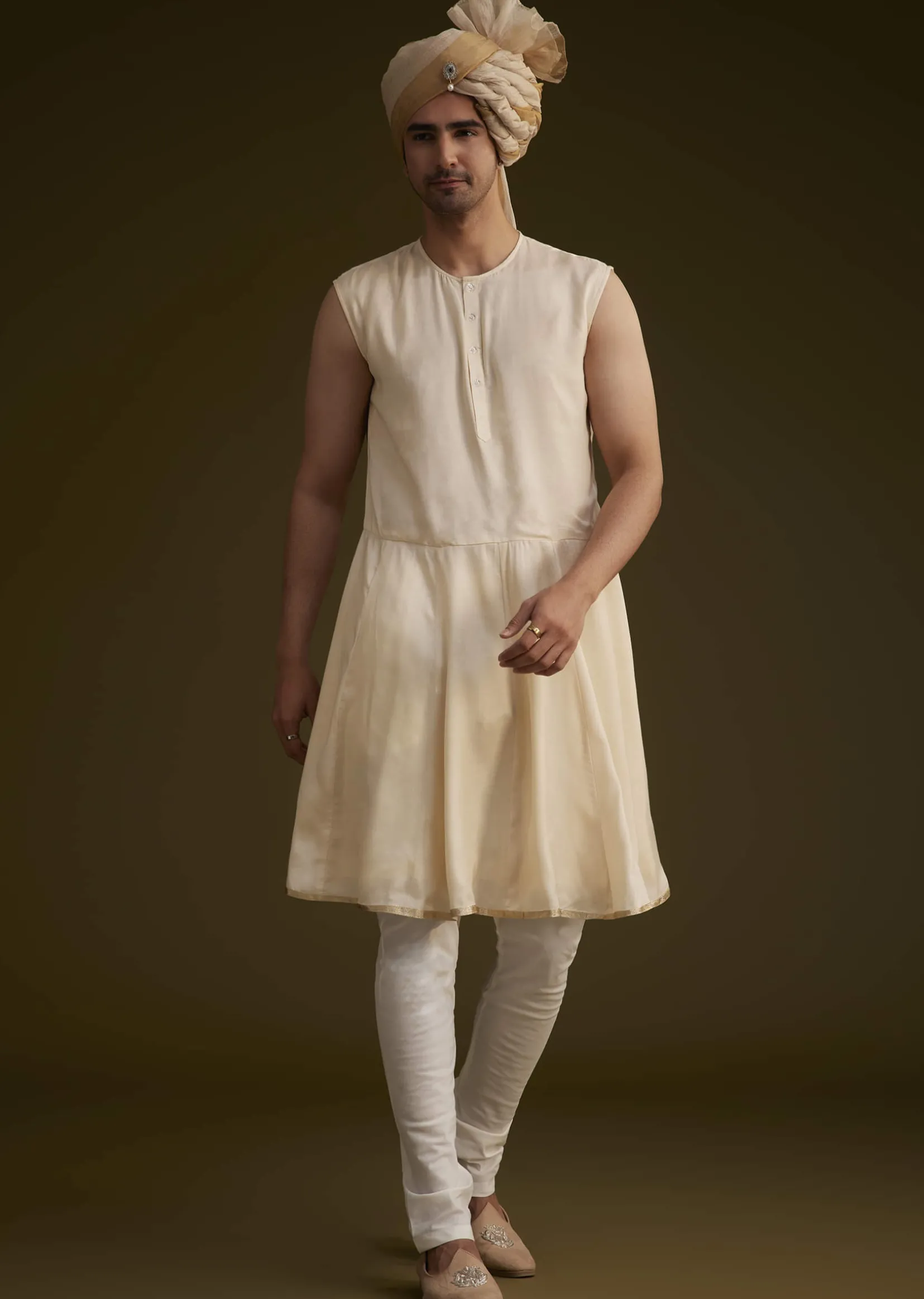 Fawn Silk Sherwani With Zardosi Embroidery