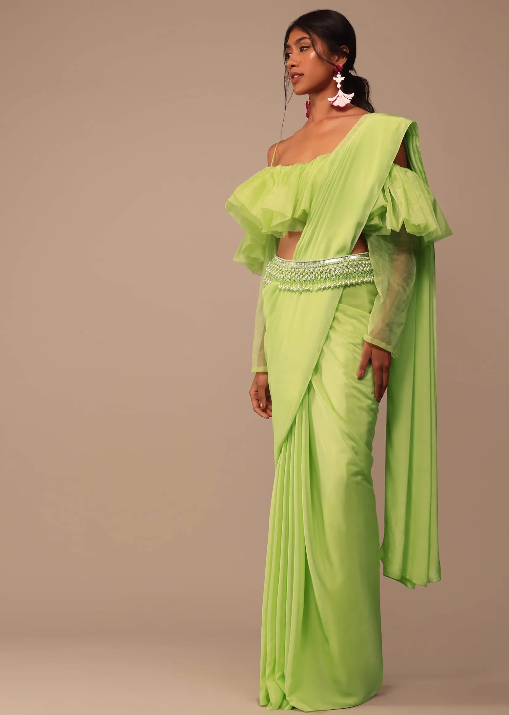 Fern Green Crepe Saree With Organza Frilled Blouse