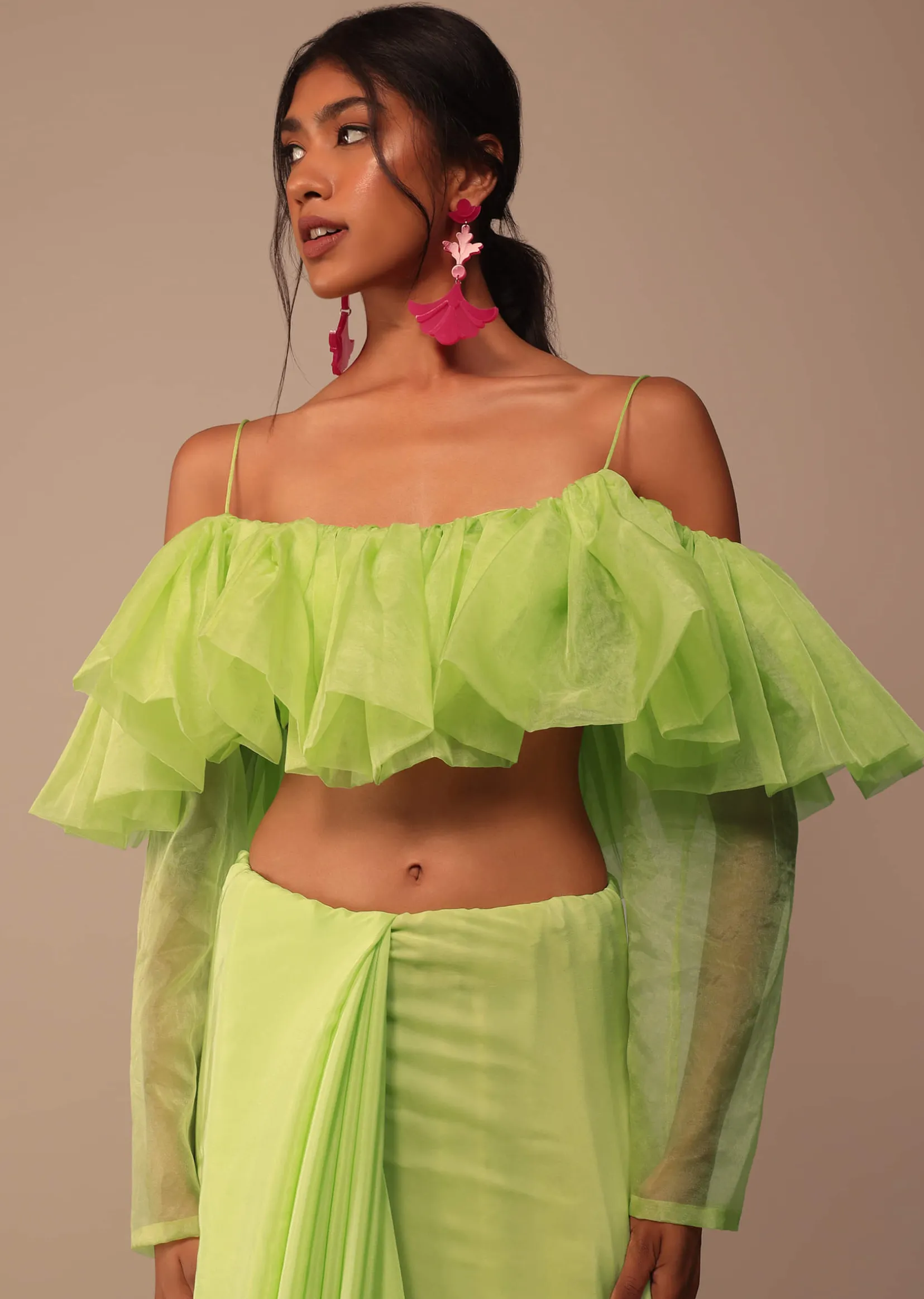 Fern Green Crepe Saree With Organza Frilled Blouse