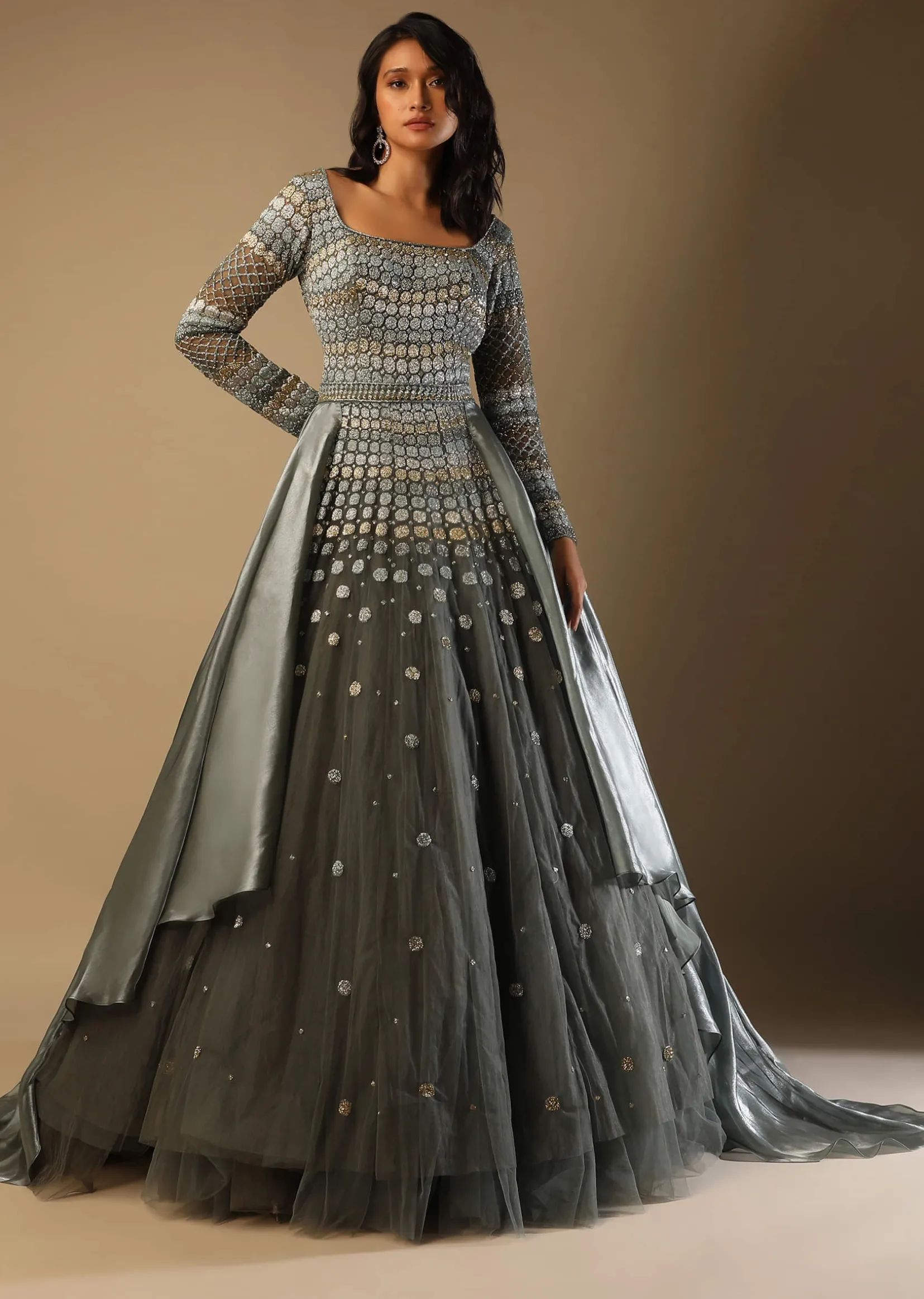 Fern Green Gown In Net With Geometric Hand Embroidery And Organza Drapes On The Sides