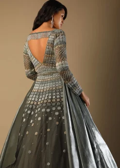 Fern Green Gown In Net With Geometric Hand Embroidery And Organza Drapes On The Sides