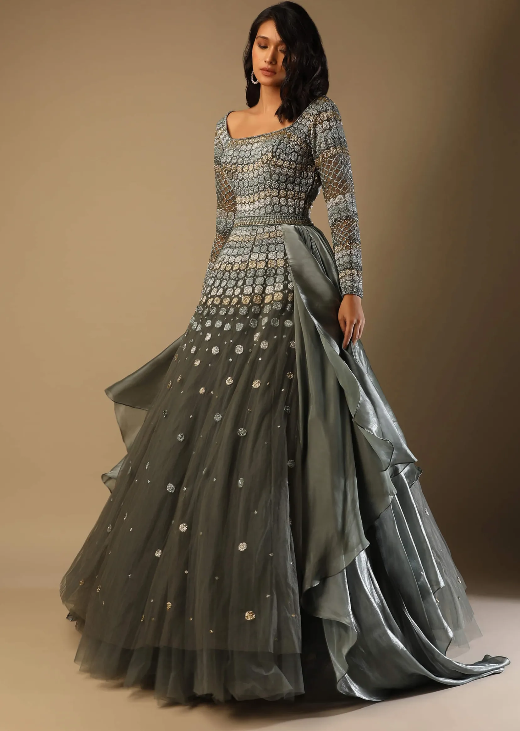 Fern Green Gown In Net With Geometric Hand Embroidery And Organza Drapes On The Sides