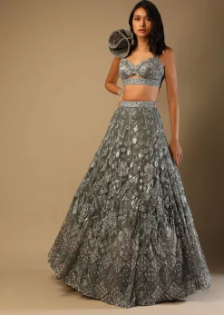 Fern Green Lehenga Choli In Net With Stone Hand Embroidered Floral Motifs And Fancy Origami Cones On The Shoulder
