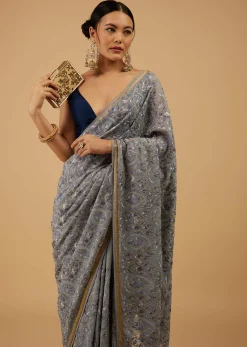 Festive Fog Grey Saree Kashmiri Floral Embroidered In Georgette