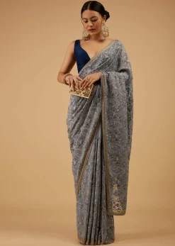 Festive Fog Grey Saree Kashmiri Floral Embroidered In Georgette