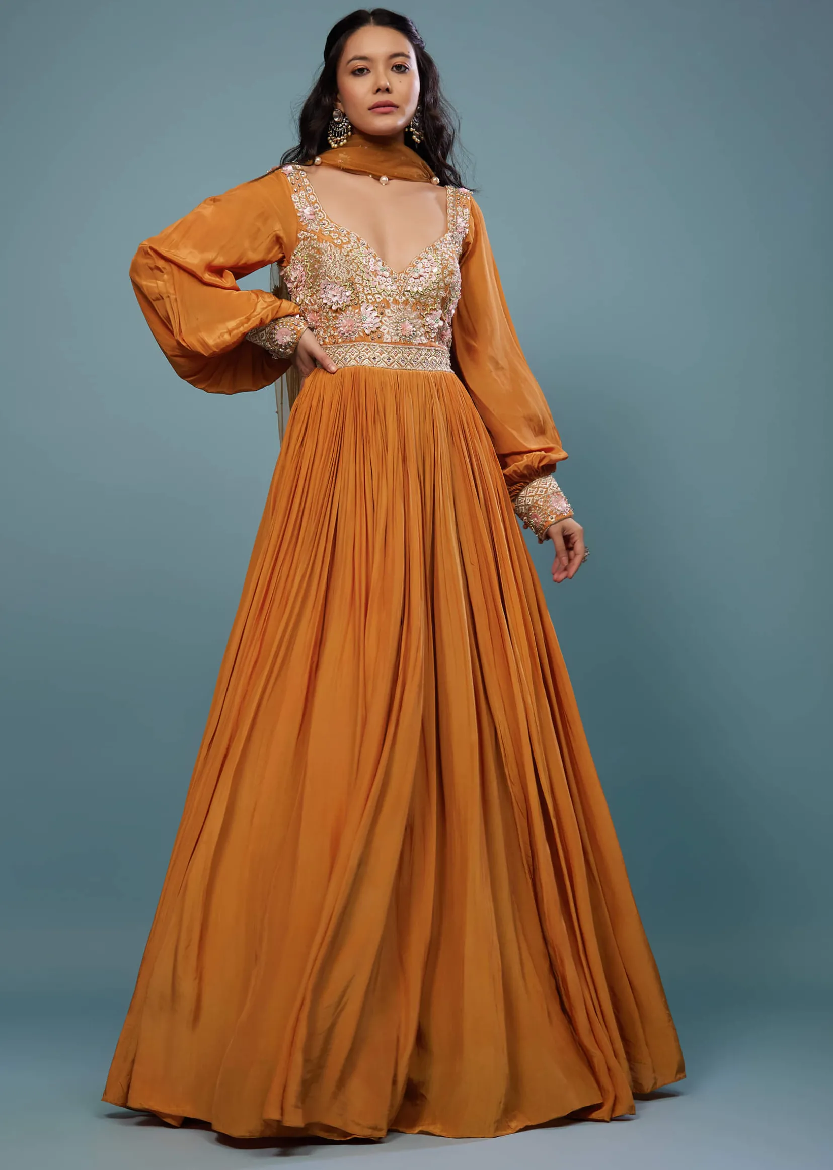 Fire Orange Embroidered Anarkali Suit In Crepe