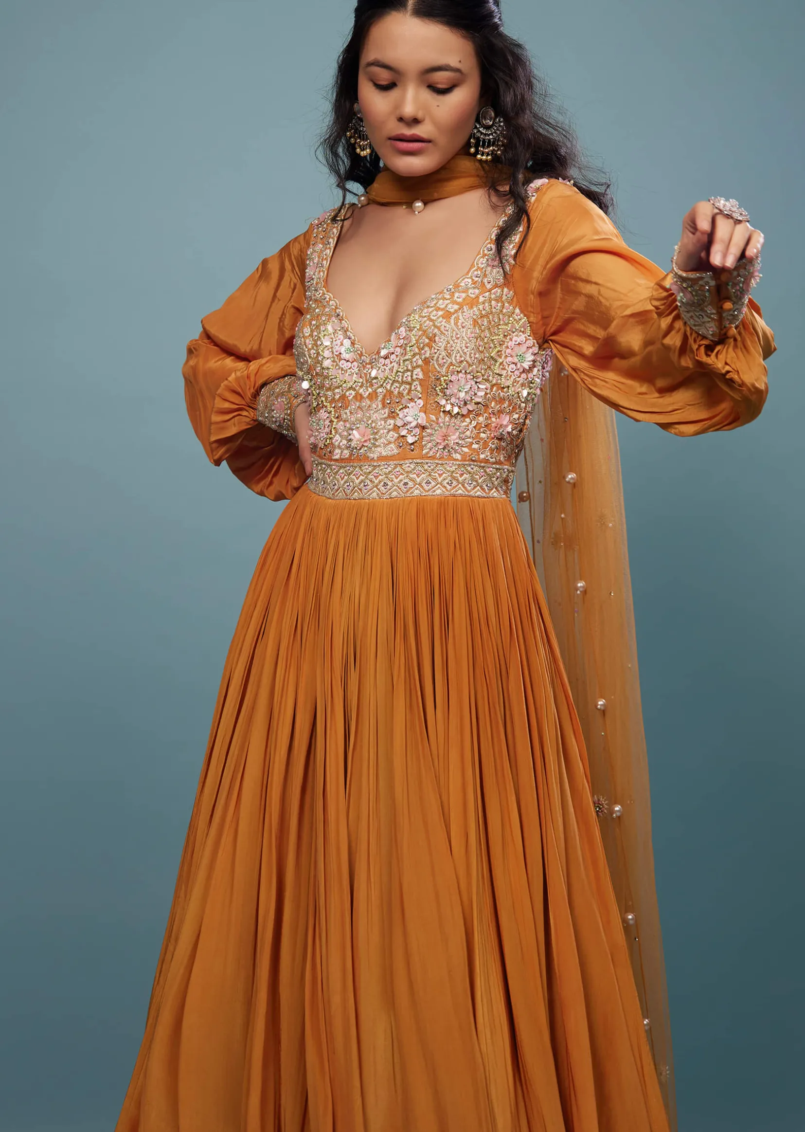 Fire Orange Embroidered Anarkali Suit In Crepe