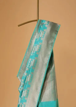 Firozi Blue Handloom Banarasi Saree In Uppada Silk With Gold Woven Meenakari Buttis And Unstitched Blouse
