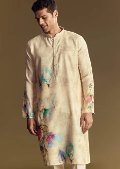 Floral Beige Linen Kurta Set