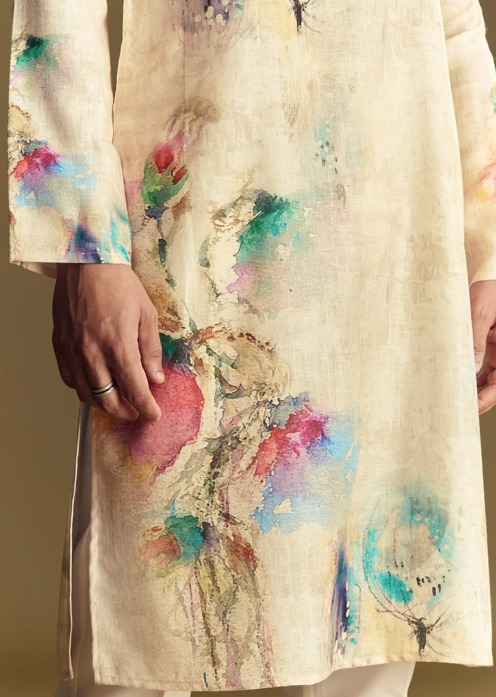 Floral Beige Linen Kurta Set