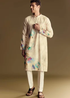 Floral Beige Linen Kurta Set